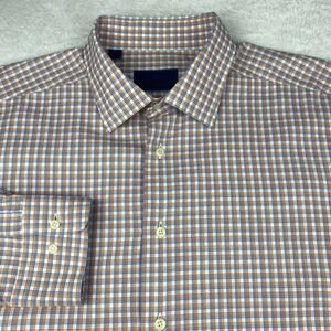 David Donahue Dress Shirt Mens 18-34/35 Blue/Orange Checks Long Sleeves